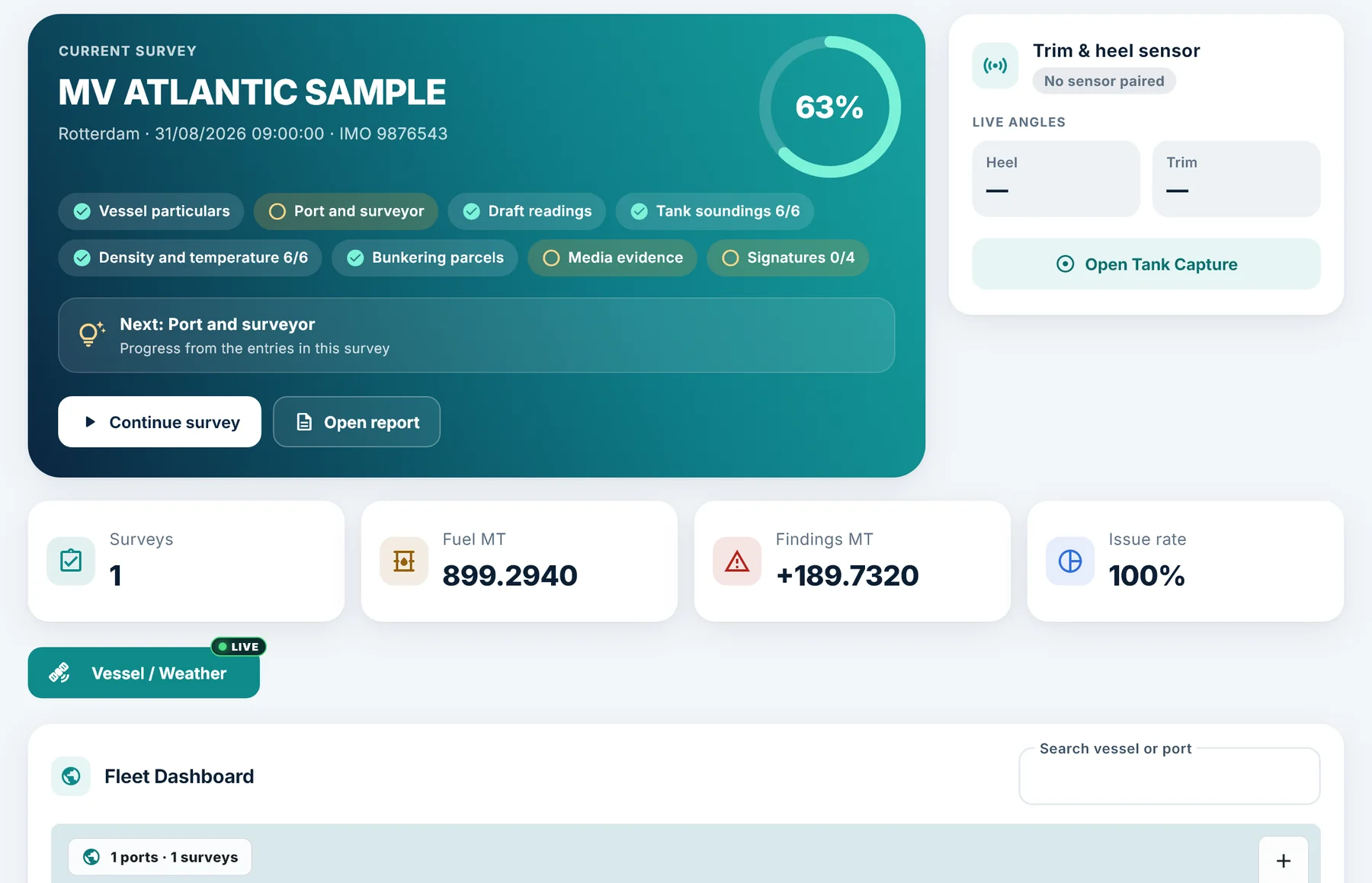 The app's Home screen: the current survey with its progress steps and the trim and heel sensor card.